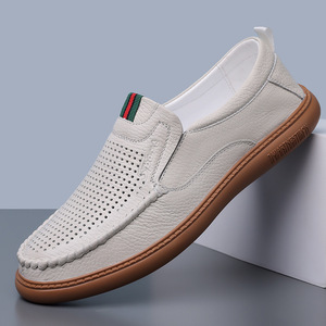 Men Summer Breathable Slip-On Loafers Round Toe Genuine Leather <b>Rubber</b> Sole Solid Color Casual Driving Shoes - Product Image 1
