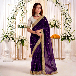 AARA Fashion Purple <b>Velvet</b> Silk <b>Saree</b> Gold Embroidery Border Sun Protection Wedding Occasion Women Traditional Floor Length - Product Image 1