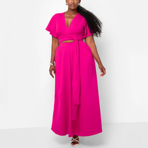 N8078 Latest Design African Summer Outfits for Women Trumpet Sleeves <strong>Lace</strong> up V-neck <strong>Top</strong> and Maxi Skirt Set Two Piece - Product Image 5