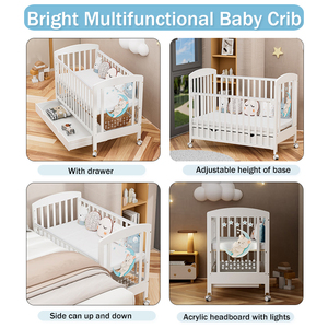 Nueva <span class=keywords><strong>Cuna</strong></span> de Madera de Pino Sólido Blanca para Bebé, <span class=keywords><strong>Cuna</strong></span> para Niños con Cabecera Acrílica con Luces y Cajón - Product Image 3