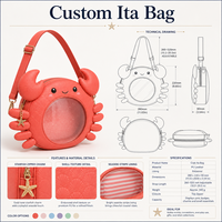 Sac Ita personnalisé en forme de crabe mignon avec fenêtre transparente en PVC, doublure à rayures style bord de mer, fermeture éclair étoile de mer et sangle à breloques