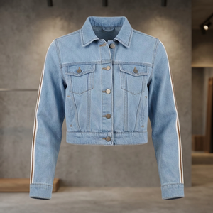 Light Blue <b>Denim</b> <b>Jacket</b> With Side Stripes Turn-down Collar Casual Short Length Unisex Spring Wear - Product Image 3
