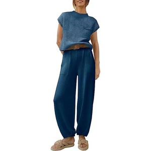 Loveda Custom Private Label Mujeres Sólido Leggings <span class=keywords><strong>Set</strong></span> de manga corta a rayas de dos piezas Mujeres Lounge Sets con bolsillos - Product Image 4