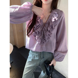 Chemise à volants florale à col en V de style français, manches longues en mousseline de soie, vêtements décontractés pour femmes, couleur violette, pour le printemps - Product Image 2