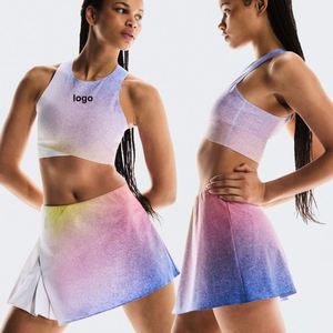 ชุดกระโปรงเทนนิส 2 ชิ้น พิมพ์ลายไล่เฉดสี ป้องกันรังสียูวี ด้านหน้ามีโลโก้แบบกำหนดเอง เป็นมิตรกับสิ่งแวดล้อม ซับเหงื่อ แห้งเร็ว น้ำหนักเบา ระบายอากาศได้ดี - Product Image 2