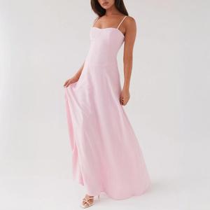 Customized Women A-Line Flare Backless Sleeveless Halter Collar Solid Color Pink Cotton Linen Clothes Maxi Long <strong>Dress</strong> Plus Size - Product Image 4