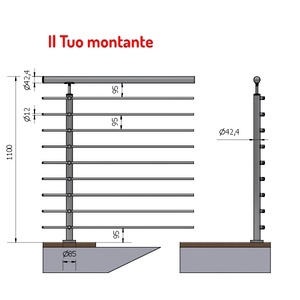 Montant rond P110108-9X de 42.4mm de diamètre pour 9 traverses AISI 304 finition satinée balustrades mains courantes 1.10m fixation de la hauteur au sol - Product Image 1