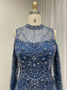 MY30195 Abito da Cerimonia Blu Formale a Maniche Lunghe con Collo Alto Stile Sirena Elegante Abito da Sera con Perline per <span class=keywords><strong>Madre</strong></span> della Sposa - Product Image 5