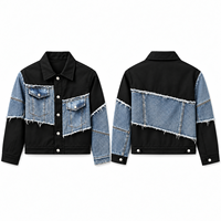 Veste en jean délavée et effilochée pour homme, style streetwear décontracté, patchwork noir et bleu, coupe personnalisée