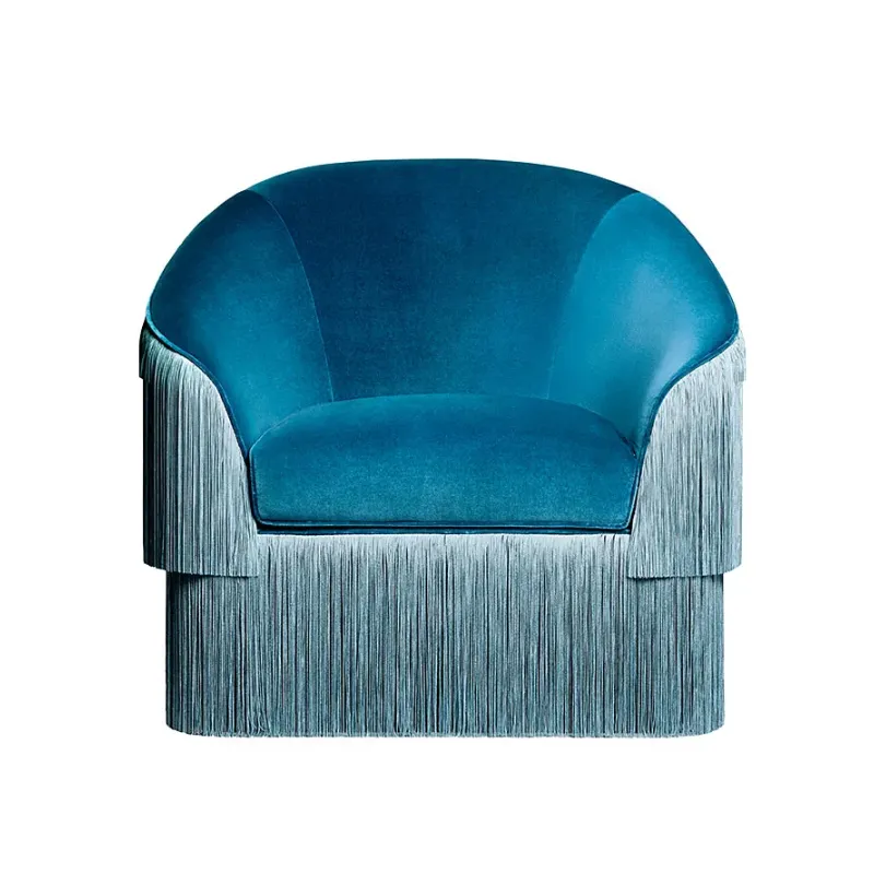 Decoração de casa italiana, sofá moderno de tecido veludo com borla, uma cadeira, lazer, casa, tecido único
