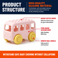 Jouet de dentition et de poussée pour bébé en silicone personnalisé, en forme de bus, sans BPA, sensoriel, avec picots tactiles en silicone, voiture de poussée souple pour soulagement des bébés 3M+