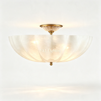 Plafonnier semi-encastré LED en verre givré à nervures ondulées, finition or brossé, design vintage, large abat-jour, faisceau 360°, pour salon et hall d'entrée