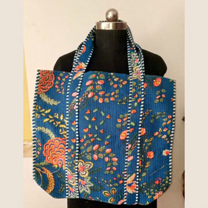 Traditional Blue Cotton <b>Tote</b> <b>Bag</b> with Floral Print Bohemian Style <b>Summer</b> Casual Zipper Shopping Handbag for Women - Product Image 1