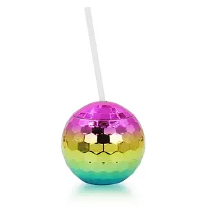 Dazzle Colour Blue Plastic Single Wall Disco Ball Cocktail Drinking Cup With Straw For Beach Juice Ball Tumbler