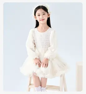 Vestido blanco de princesa para niñas, nueva malla de verano, edición coreana, encaje con volantes, gasa fina, esponjoso, Fiesta infantil, vestido formal de malla