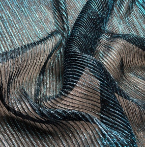 Tela de Malla Elástica Brillante con Purpurina Metálica Dorada Ecológica, Tejido Elástico Brillante con Efecto Arrugado y Plisado con Lurex - Product Image 6