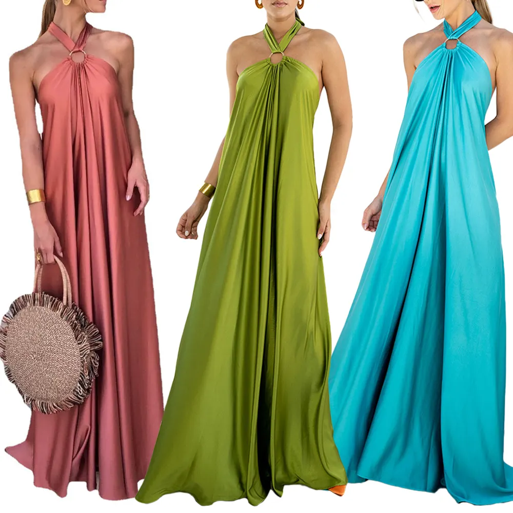 Dresses Elegant Halter Solid Color Loose Satin Long Swing Backless Vacation Dresses For Women