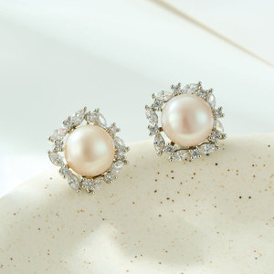 Freshwater Pearl <b>Stud</b> <b>Earrings</b> With Zirconia S925 <b>Silver</b> Needles Flower Shape Everyday Wear - Product Image 1