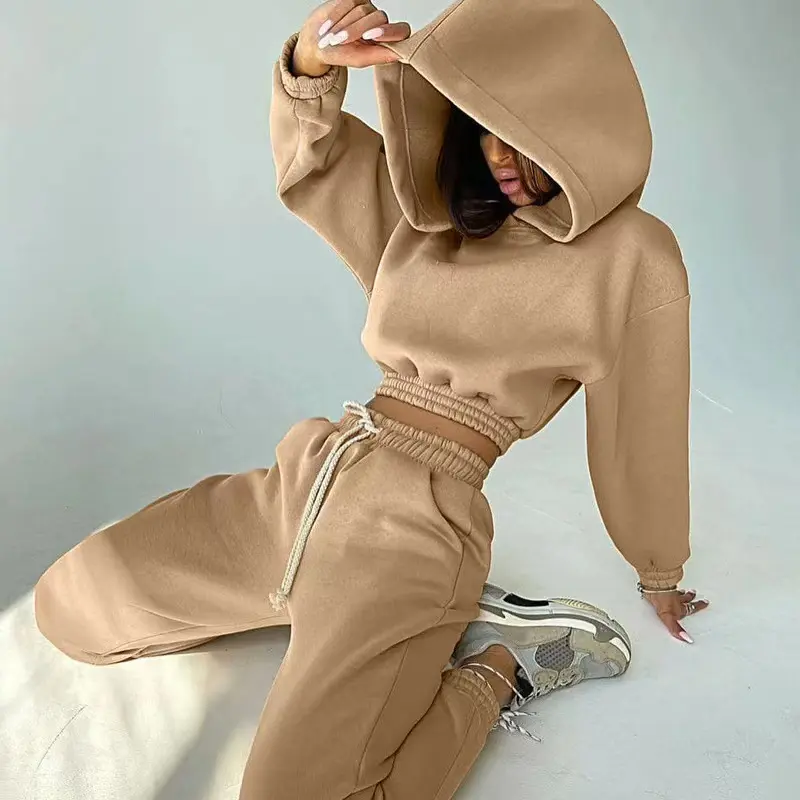 Wholesale Custom Logo Fashion Womens 2 Piece Crop Top Sweatpants And Hoodies Set