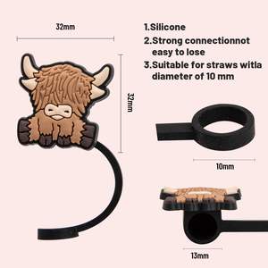 Cubierta de silicona con diseño de vaca Highland para pajitas Stanley Cup, bonitas tapas de silicona para puntas de pajita, protectores antipolvo para puntas. - Product Image 2