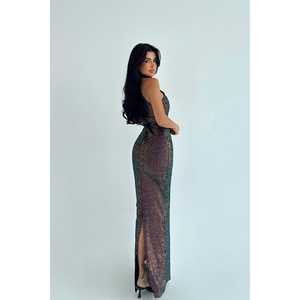 Robe de soirée rouge à taille empire, coupe trapèze, à sequins, longueur ras du sol, avec strass superposés et perles drapées, idéale pour les banquets et les invités de mariage - Product Image 1