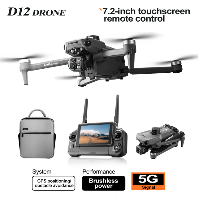 D12 Three-axis Gimbal RC Drone Brushless High-definition Aerial Photography Aircraft Large Screen GPS Obstacle Avoidance