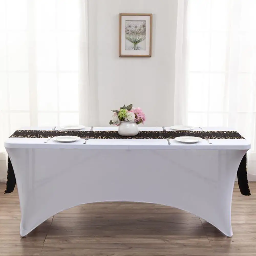 24 Uds rectángulo 8FT blanco y negro fiesta al aire libre boda estiramiento Spandex cubiertas de mesa para eventos