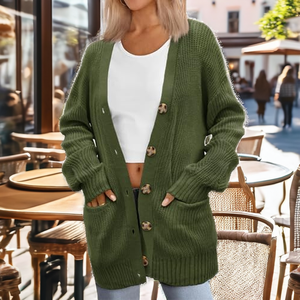<b>Women's</b> <b>Oversize</b> Cotton/Acrylic Custom Knitted V-neck Solid Casual Breathable Quick-Dry Appliques Front - Product Image 2