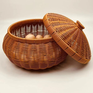 Wicker Fruit <b>Basket</b> Round With Lid Food Container For Kitchen Storage Egg Holder - Product Image 1