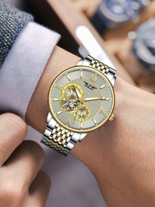 PINDU Luxury Business Men's Semi-Skeleton Automatic <b>Mechanical</b> <b>Watch</b> Two-Tone Stainless Steel Strap Roman Numeral Indices - Product Image 2