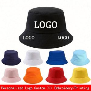 Custom Logo <b>Sun</b> Summer Beach Adult Cotton Plain Black <b>Man</b> Woman Flat Brim Fisherman Bucket <b>Hat</b> Multiple Colors - Product Image 3