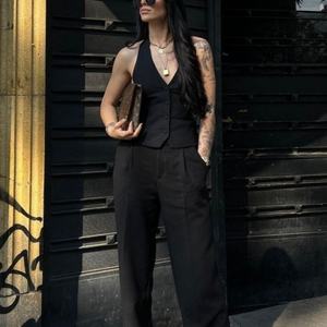 Conjunto de Dos Piezas para Mujer, Verano, Sexy, Top sin Mangas con Cuello en V, Pantalones Plisados, Top Negro con Botones - Product Image 1