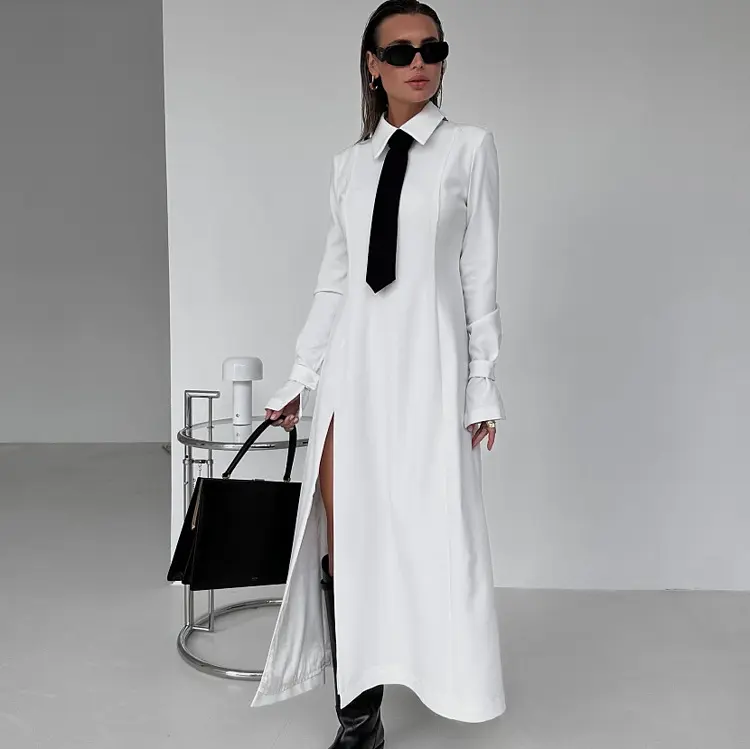 Vestido feminino clássico RedPeony elegante com fenda, lapela casual de manga comprida, vestido longo até o tornozelo, vestido slim branco para escritório, moda de 2024