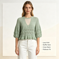 Robe Pull Longue en Maille à Volants et Pointelle Menthe pour Femme, Qualité Supérieure, Personnalisable OEM & ODM, Vente en Gros