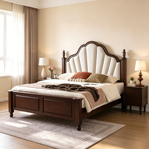 Base de Cama Tapizada Tradicional Tamaño Queen con Cabecera de Tela y Postes de Madera - Product Image 1