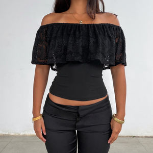 Chemisier d'été pour femme, coupe ajustée, à manches courtes, épaules dénudées, avec dentelle et volants, style mode urbaine - Product Image 4