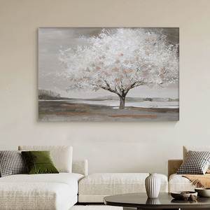 <span class=keywords><strong>Tableau</strong></span> mural sur toile semi-peint à la main, motif <span class=keywords><strong>arbre</strong></span> <span class=keywords><strong>en</strong></span> fleurs, avec cadre <span class=keywords><strong>en</strong></span> bois intégré, peinture décorative aux tons neutres - Product Image 3