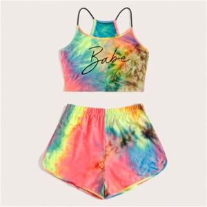 Conjunto de 2 piezas de top y pantalones cortos con estampado tie-dye para mujer, conjunto sexy sin mangas para dormir en verano - Product Image 4