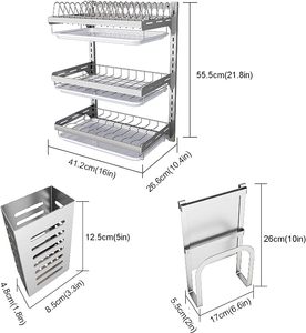 <span class=keywords><strong>Scolapiatti</strong></span> da Parete a 3 Ripiani in <span class=keywords><strong>Acciaio</strong></span> Inox Perforato con Vassoio Raccogligocce, Design Personalizzato - Product Image 2