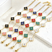Bracelet en Acier Titane Plaqué Or 18K avec Diamant Central Multicolore, Motif Cinq Fleurs et Trèfle à Quatre Feuilles, Longueur Réglable, Anti-ternissement