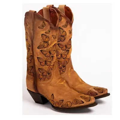 Bota cowboy bordada bordados bordados, bota feminina na altura do joelho feita à mão, couro tamanho grande