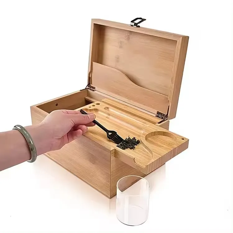 Caja de almacenamiento de bambú con bandeja rodante, caja de almacenamiento de madera con bloqueo, Kit de accesorios para fumar, contenedor organizador