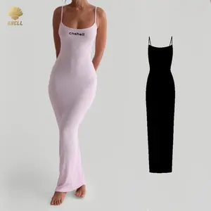 Luluxixiyaya sin mangas Slip On Micro acanalado Maxi vestido Sexy recto de fondo Ancho ajustable Correa fina mujeres vestido de fiesta