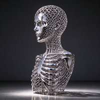 Sculpture de buste de squelette humain en fil d'acier inoxydable poli miroir