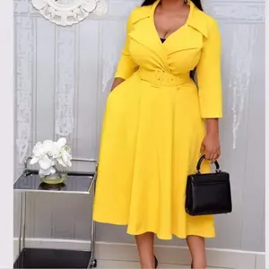 Ofis bayanlar derin V boyun Turn Down yaka yüksek bel kuşaklı moda sarı kadın afrika bayanlar iş elbisesi artı boyutu midi elbise