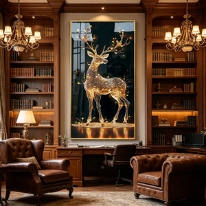 Factory Custom Golden Deer Acrylic Wall Art With Backlight Gold Frame Rectangle Home Decoration LED <b>Crystal</b> Porcelain Painting - Product Image 5