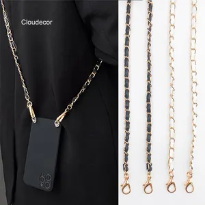 الأسود جلدية Crossbody الحبل قلادة سلسلة ل غطاء إطار هاتف محمول حزام طويل الهاتف المحمول سلاسل 120 سنتيمتر الهاتف الكتف حزام