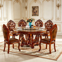 Ensemble de table à manger ronde en bois massif sculpté à la main de style européen de luxe avec plateau tournant en verre et chaises en cuir PU pour villa et maison - Vente en gros