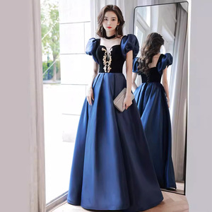 Evening Gown For Women Blue Empire Waist Sweetheart Neckline Contrast Color Long Dress Formal Party Wear - Product Image 1