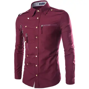 Formal Lapel Solid Color Polyester Slim Workwear Casual Office Long Sleeve Shirt Man with Zipper Pocket